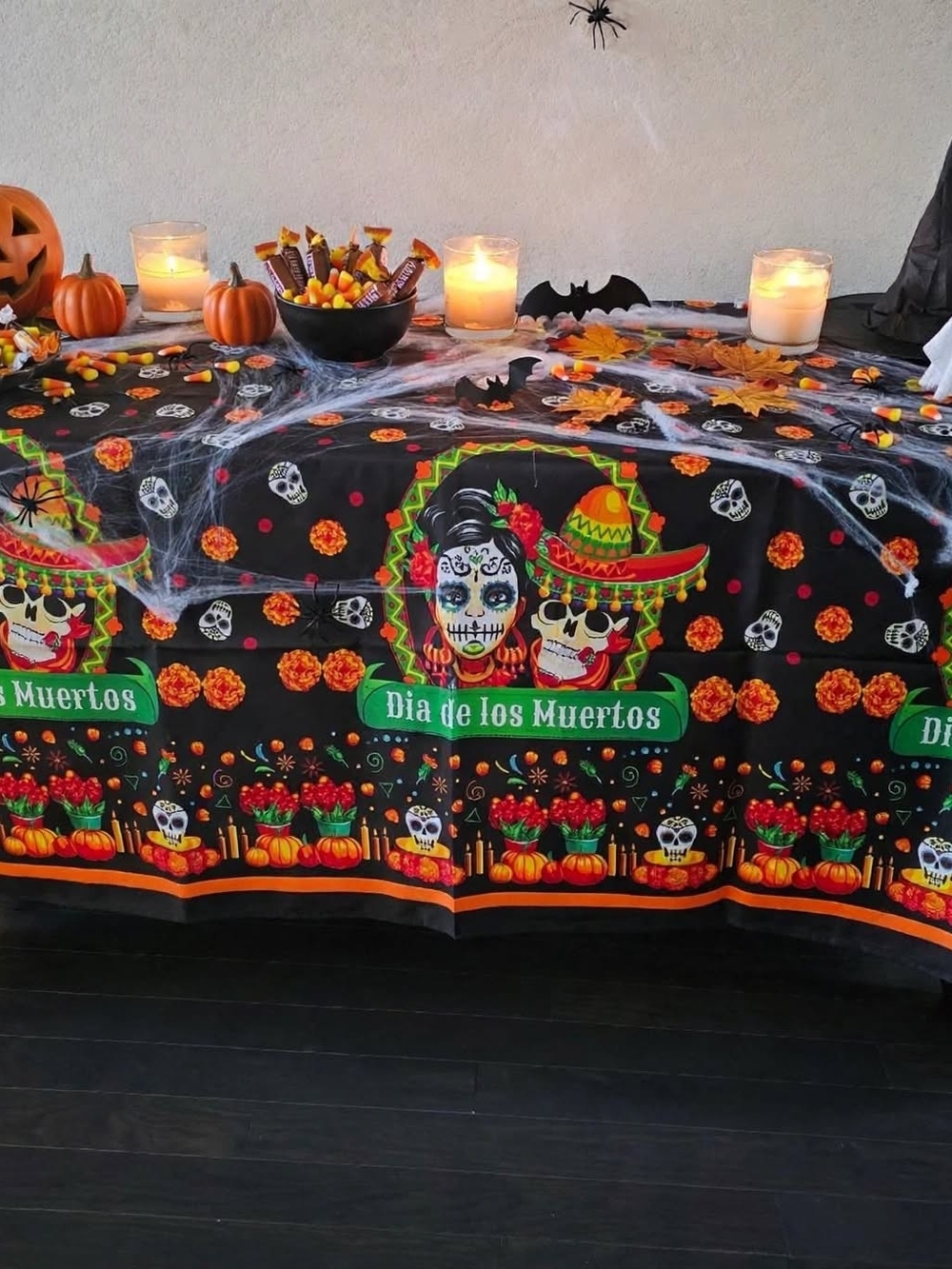 Día de los Muertos Tablecloth - Black with Bright Festive Print
